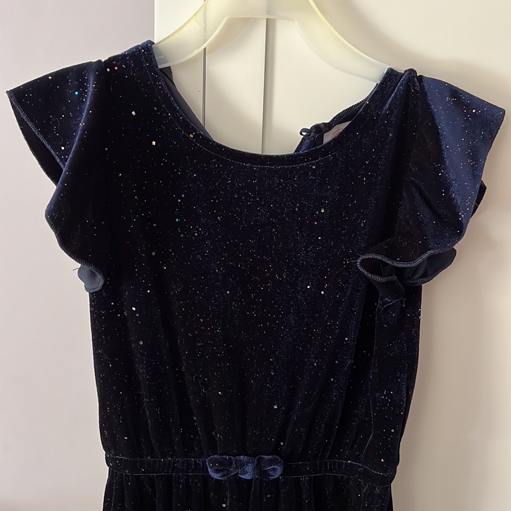 LIKE NEW Navy Velvet Jumpsuit Romper w/ Rainbow Glitter Flutter Cap Sleeves 5T